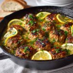 Tender Greek meatballs served in a creamy lemon sauce, garnished with fresh dill and lemon zest on a white plate.