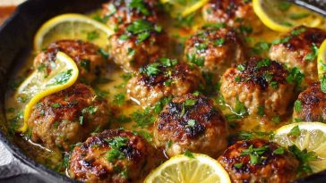 Tender Greek meatballs served in a creamy lemon sauce, garnished with fresh dill and lemon zest on a white plate.