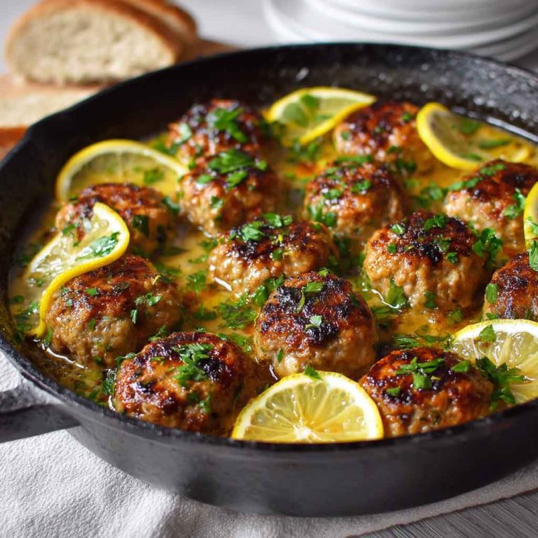 Tender Greek meatballs served in a creamy lemon sauce, garnished with fresh dill and lemon zest on a white plate.