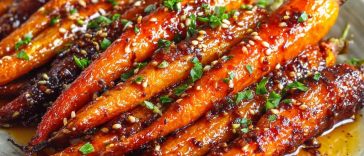 Golden roasted carrots glazed with honey and garlic, garnished with fresh herbs on a rustic serving tray.