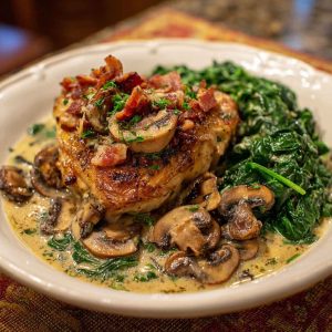 Smothered chicken breasts in creamy spinach sauce with bacon and mushrooms in a cast iron skillet.
