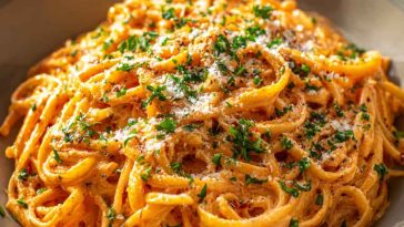 A bowl of creamy tomato garlic pasta with silky sauce coating al dente noodles, garnished with fresh basil and parmesan.