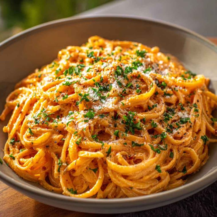 A bowl of creamy tomato garlic pasta with silky sauce coating al dente noodles, garnished with fresh basil and parmesan.