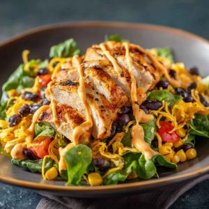 A vibrant bowl of Southwest chicken salad with grilled chicken, black beans, corn, avocado, and a zesty lime dressing.