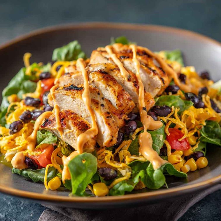 A vibrant bowl of Southwest chicken salad with grilled chicken, black beans, corn, avocado, and a zesty lime dressing.