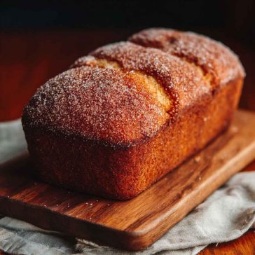 Golden spiced apple cider donut loaf dusted with cinnamon sugar, sliced and served with fresh apple slices and warm cider.