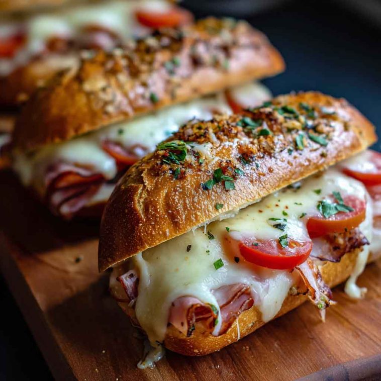 Toasted Italian sub sandwiches layered with deli meats, melted cheese, and brushed with garlic parmesan butter, served hot and golden.