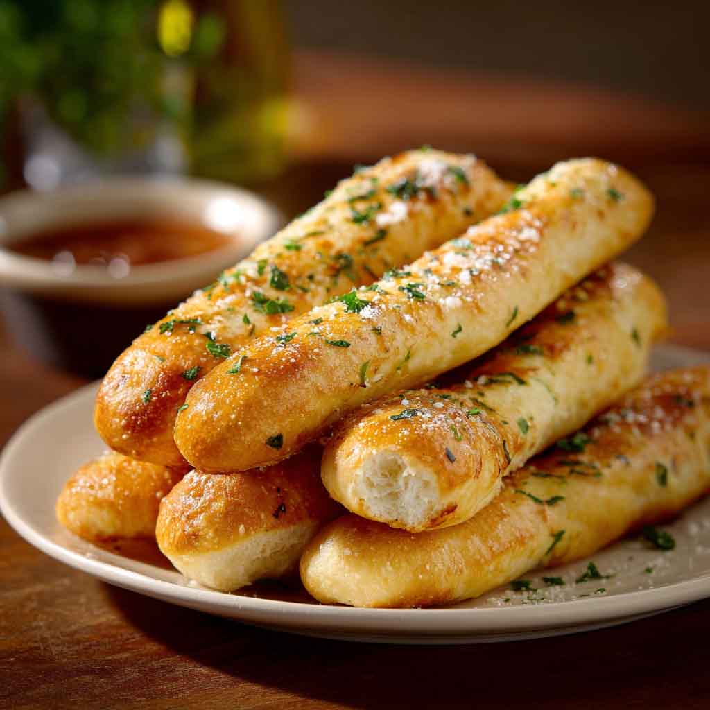 Golden, buttery Olive Garden-style breadsticks stacked on a serving tray, brushed with garlic butter and sprinkled with herbs.