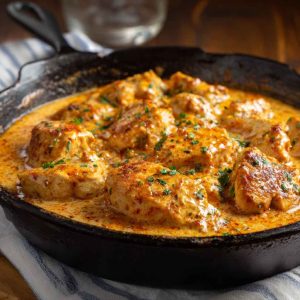Golden skillet-seared butter chicken inspired by Texas Roadhouse, served with creamy sauce and fresh herbs in a cast iron pan.