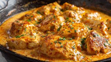 Golden skillet-seared butter chicken inspired by Texas Roadhouse, served with creamy sauce and fresh herbs in a cast iron pan.