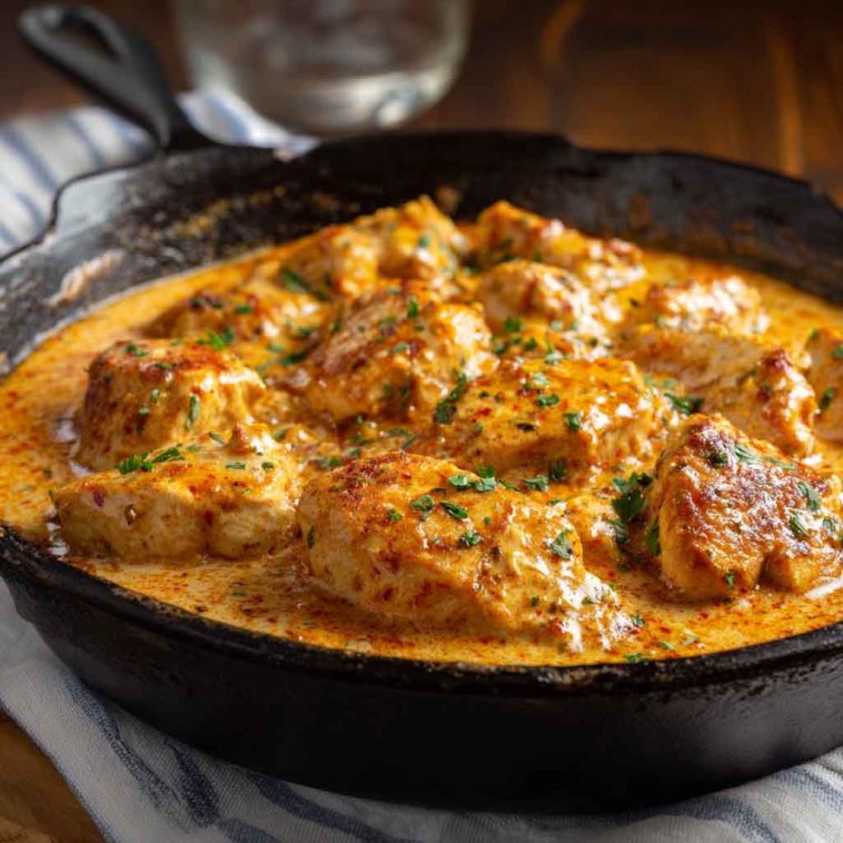 Golden skillet-seared butter chicken inspired by Texas Roadhouse, served with creamy sauce and fresh herbs in a cast iron pan.