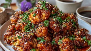 A tray of Korean-style baked cauliflower coated in sticky gochujang glaze, garnished with sesame seeds and green onions, served with rice and pickled veggies.