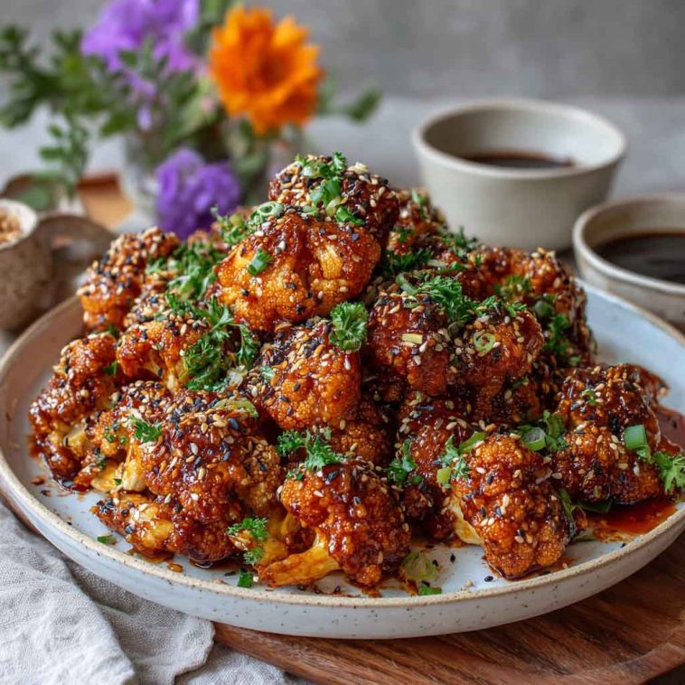 A tray of Korean-style baked cauliflower coated in sticky gochujang glaze, garnished with sesame seeds and green onions, served with rice and pickled veggies.