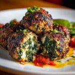 Golden-browned meatballs stuffed with melted mozzarella, flecked with spinach and garlic, served with marinara sauce and fresh basil.