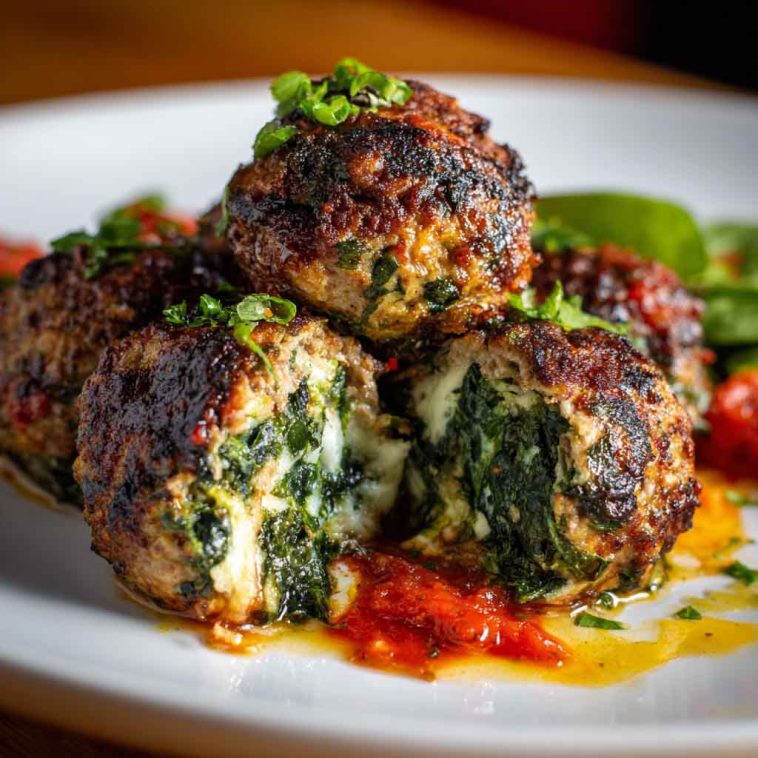Golden-browned meatballs stuffed with melted mozzarella, flecked with spinach and garlic, served with marinara sauce and fresh basil.