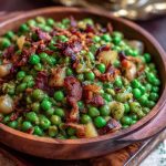 A serving dish of Thanksgiving peas with pear slices and crispy pancetta, garnished with fresh thyme and a drizzle of olive oil.
