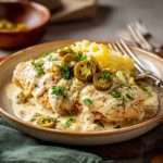Creamy pepperoncini chicken skillet with sliced peppers, herbs, and golden chicken in a rich sauce.
