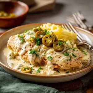 Creamy pepperoncini chicken skillet with sliced peppers, herbs, and golden chicken in a rich sauce.