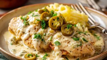 Creamy pepperoncini chicken skillet with sliced peppers, herbs, and golden chicken in a rich sauce.