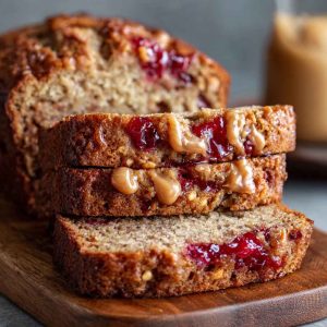 Sliced peanut butter & jelly banana bread with swirls of jam and creamy peanut butter, served on a rustic board with fresh bananas and a jar of jelly.