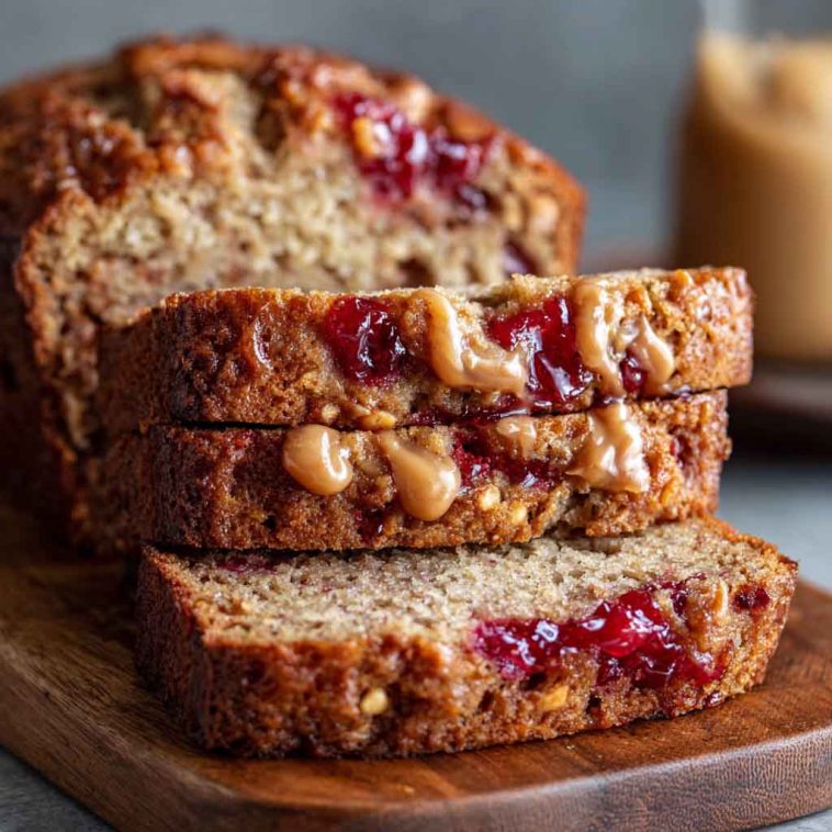 Sliced peanut butter & jelly banana bread with swirls of jam and creamy peanut butter, served on a rustic board with fresh bananas and a jar of jelly.