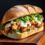Golden crispy chicken breast layered in a toasted sandwich bun with romaine lettuce, creamy Caesar dressing, and shaved parmesan.