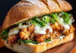 Golden crispy chicken breast layered in a toasted sandwich bun with romaine lettuce, creamy Caesar dressing, and shaved parmesan.