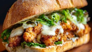 Golden crispy chicken breast layered in a toasted sandwich bun with romaine lettuce, creamy Caesar dressing, and shaved parmesan.