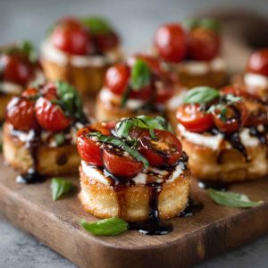 Mini Caprese bites with cherry tomatoes, mozzarella balls, and basil leaves drizzled with balsamic glaze.