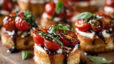 Mini Caprese bites with cherry tomatoes, mozzarella balls, and basil leaves drizzled with balsamic glaze.