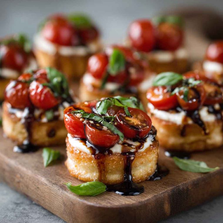 Mini Caprese bites with cherry tomatoes, mozzarella balls, and basil leaves drizzled with balsamic glaze.