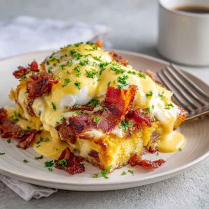 Golden baked Eggs Benedict casserole topped with hollandaise sauce and garnished with herbs.