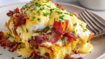 Golden baked Eggs Benedict casserole topped with hollandaise sauce and garnished with herbs.