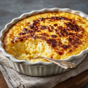 A golden, creamy serving of Ruth’s Chris-style corn pudding in a white baking dish, topped with fresh herbs and served alongside grilled steak and vegetables.