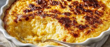 A golden, creamy serving of Ruth’s Chris-style corn pudding in a white baking dish, topped with fresh herbs and served alongside grilled steak and vegetables.