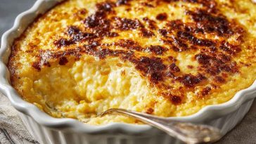 A golden, creamy serving of Ruth’s Chris-style corn pudding in a white baking dish, topped with fresh herbs and served alongside grilled steak and vegetables.