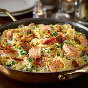 A plate of smoked salmon carbonara with creamy pasta ribbons, flecks of pink salmon, cracked black pepper, and fresh herbs, served with lemon wedges.
