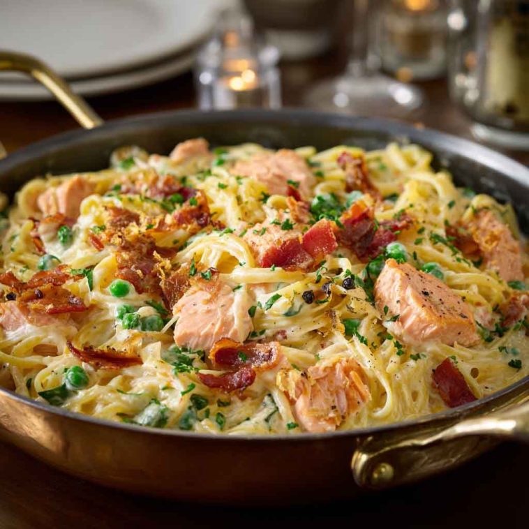 A plate of smoked salmon carbonara with creamy pasta ribbons, flecks of pink salmon, cracked black pepper, and fresh herbs, served with lemon wedges.