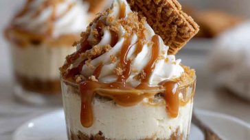 Mini cookie butter cheesecake cups layered with crushed speculoos cookies, creamy cheesecake filling, and a drizzle of cookie butter, served in clear dessert cups.