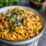 Creamy cowboy butter chicken linguine in a skillet, garnished with herbs and lemon slices.