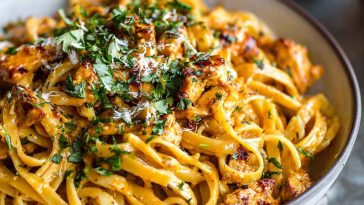 Creamy cowboy butter chicken linguine in a skillet, garnished with herbs and lemon slices.