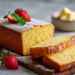 Golden French butter cake sliced and served on a plate with powdered sugar and berries.