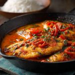Pan-seared tilapia fillets topped with creamy roasted red pepper sauce, garnished with herbs.