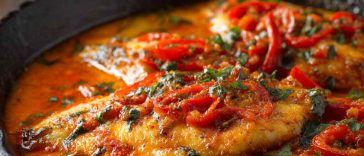 Pan-seared tilapia fillets topped with creamy roasted red pepper sauce, garnished with herbs.