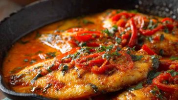 Pan-seared tilapia fillets topped with creamy roasted red pepper sauce, garnished with herbs.