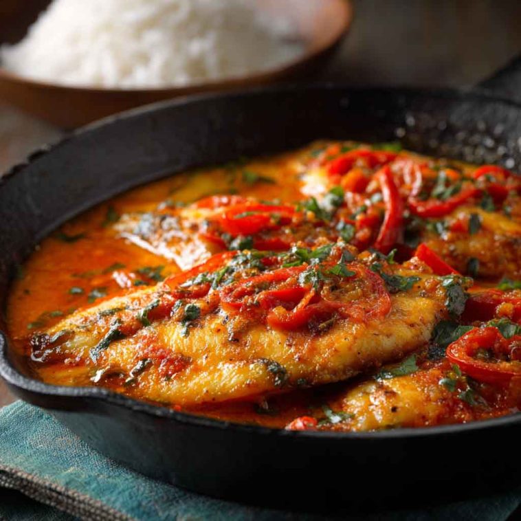 Pan-seared tilapia fillets topped with creamy roasted red pepper sauce, garnished with herbs.