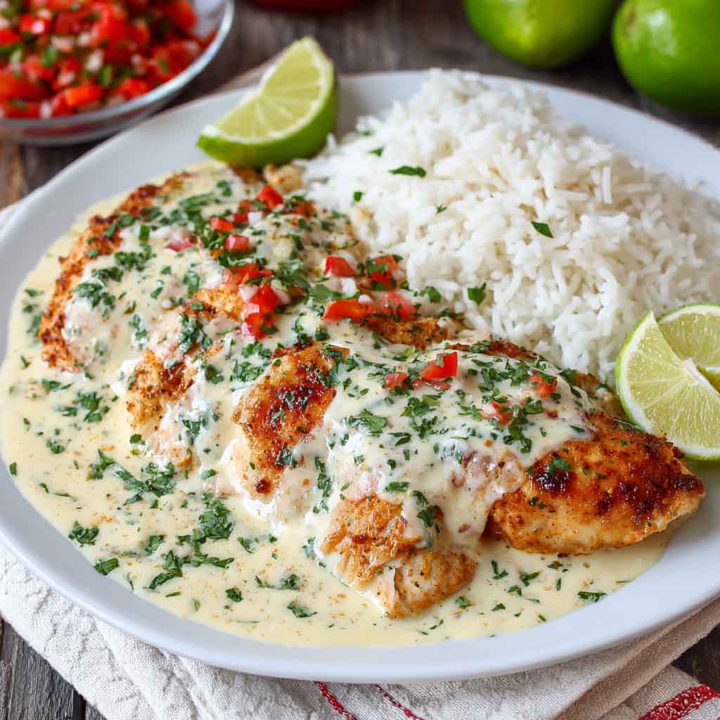 A plate of Mexican-style chicken smothered in creamy cheese sauce, garnished with chopped cilantro and served with rice and sautéed peppers.