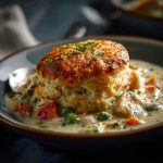 A bubbling chicken pot pie topped with golden Red Lobster-style cheddar biscuits, served in a cast iron skillet with fresh herbs and a creamy filling.