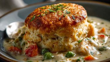 A bubbling chicken pot pie topped with golden Red Lobster-style cheddar biscuits, served in a cast iron skillet with fresh herbs and a creamy filling.