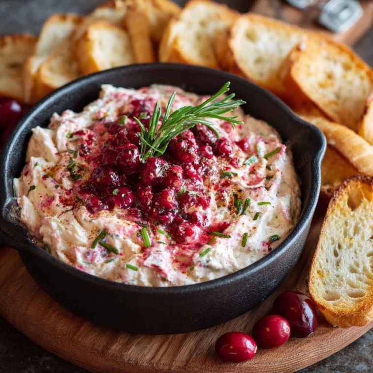 A warm cranberry and cream cheese dip served in a baking dish, swirled with ruby-red cranberry sauce and topped with chopped pecans and fresh rosemary.